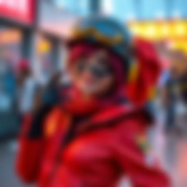 A person in a stylish baddie VTuber cosplay, posing playfully with a bright smile, showcasing the fun side of renting a costume.