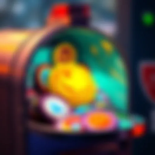 A collection of colorful badges in a mailbox, with one badge partially visible outside.