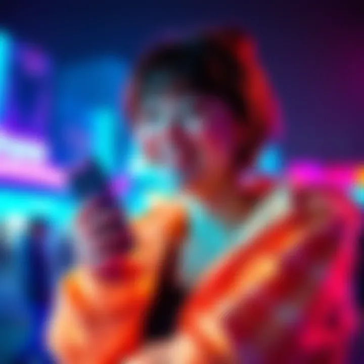 Bae Reacting to Senpai Call Bae smiling with a phone in hand, surrounded by vibrant colors, showing excitement during a playful call response