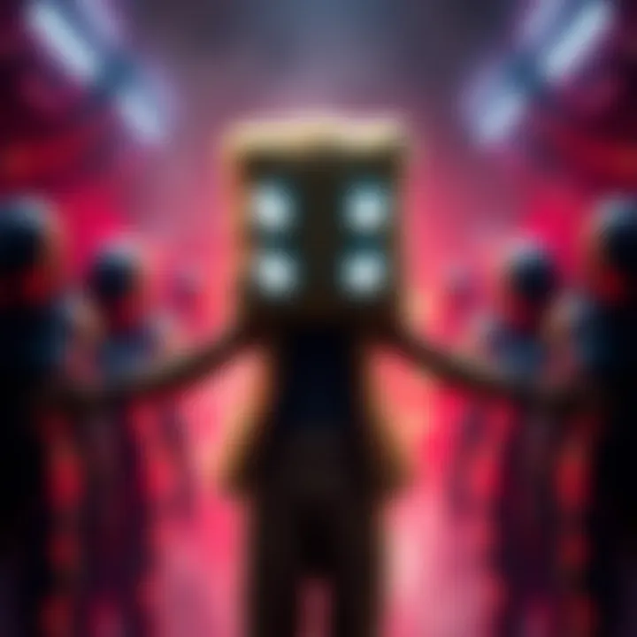 A character known as Bag Head wearing a bag on his head, showcasing six glowing eyes and surrounded by advanced clones in a battle stance.