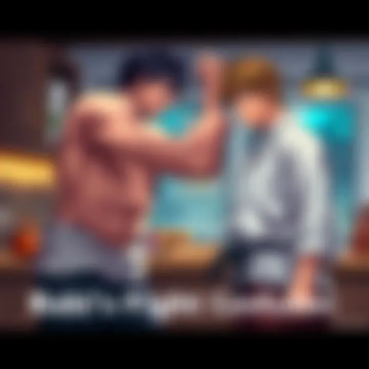 Baki stands strong against Yujiro, who appears calm and composed after their intense battle, with a kitchen setting in the background.