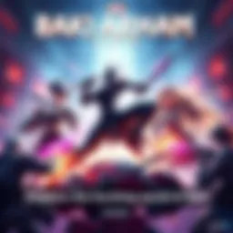 A group of fighters engaged in an intense battle in a vibrant arena, showcasing their unique skills and teamwork