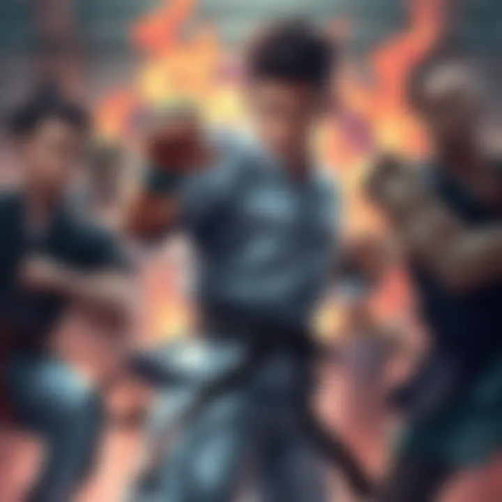 A powerful character from the Baki universe showcasing their fighting stance and techniques, surrounded by other notable figures, emphasizing strength and influence.