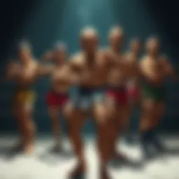 Several Baki characters wearing distinctive styles of underwear while preparing for a martial arts match, showcasing their fighting poses.