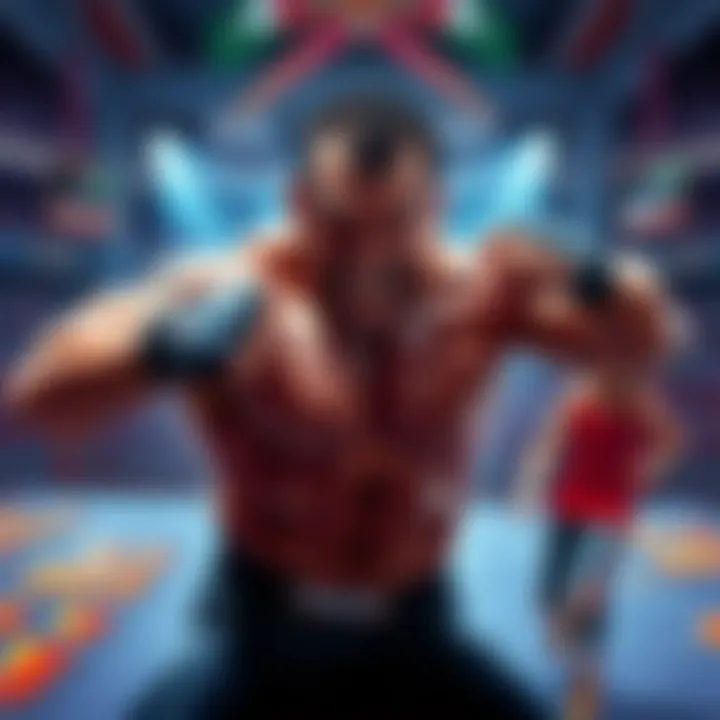 A powerful grappler showcasing intense moves in a colorful arena with exaggerated expressions and dynamic poses.