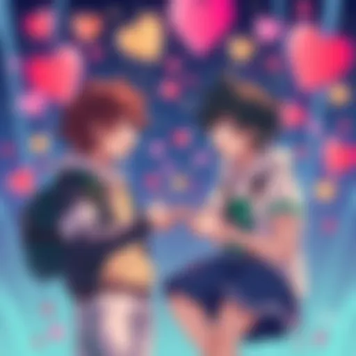 Fan art depicting Bakudeku and Izuocha characters engaged in lively discussion, surrounded by symbols of their fandom such as hearts and stars.