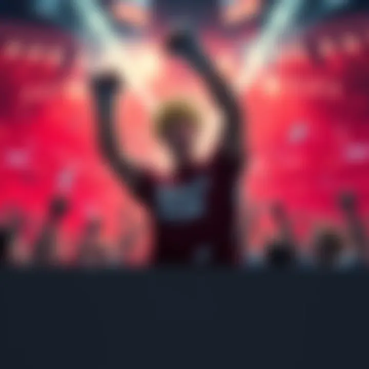 Bakugo raises his fist in triumph after winning a fight, surrounded by cheering fans and a bright backdrop