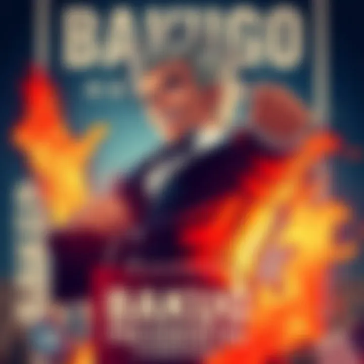 A bold campaign poster featuring Bakugo, showcasing his fiery personality and determination to lead, framed by patriotic colors and campaign slogans.