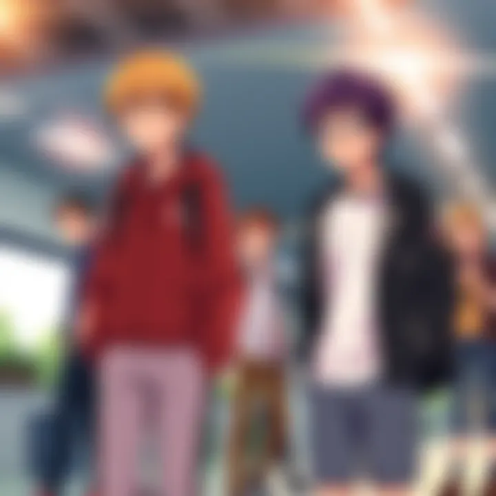 Bakugo standing next to Iida, highlighting their height difference in a playful manner, with other classmates in the background.