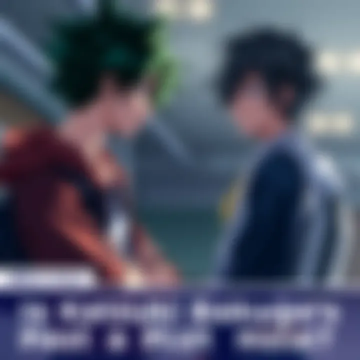 Katsuki Bakugo confronts Izuku Midoriya, showing tension between the characters, with Bakugo displaying an aggressive stance and Izuku looking concerned, set in a school environment.