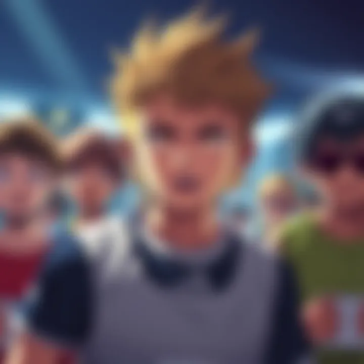 Bakugo showing intense determination during a sports festival, surrounded by other competitors, showcasing a competitive atmosphere