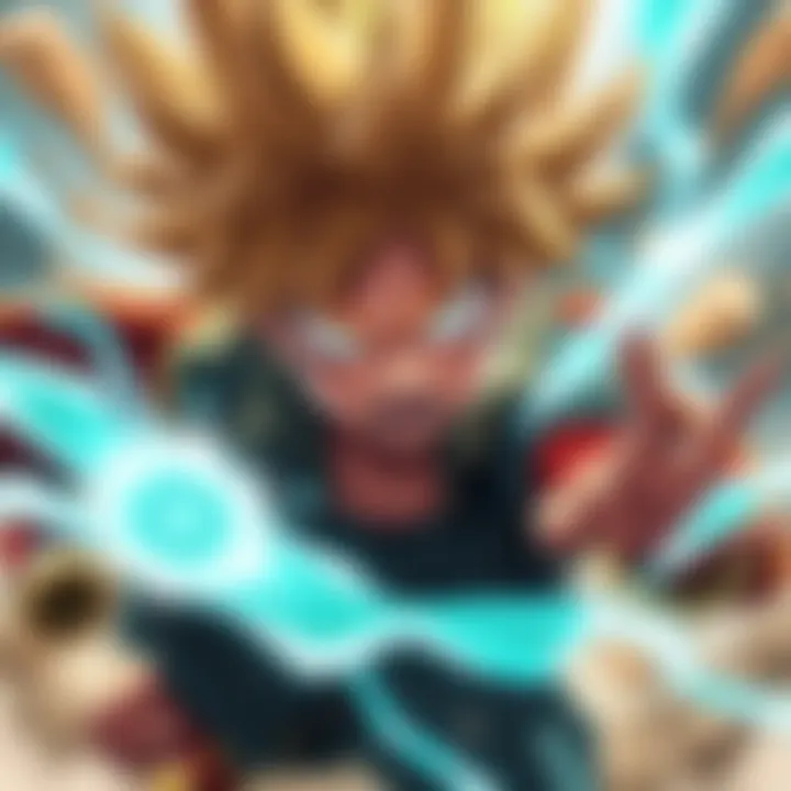 Bakugou in Action A character with spiky blond hair and an explosive personality, using his powers in a heroic pose, symbolizing the debate about his importance in My Hero Academia.