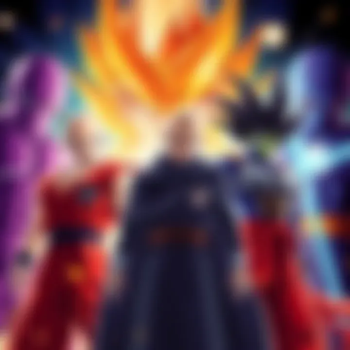 Caped Baldy and Cosmic Fear Garou preparing to battle iconic DBZ villains like Raditz, Vegeta, and Kid Buu in a dramatic showdown.