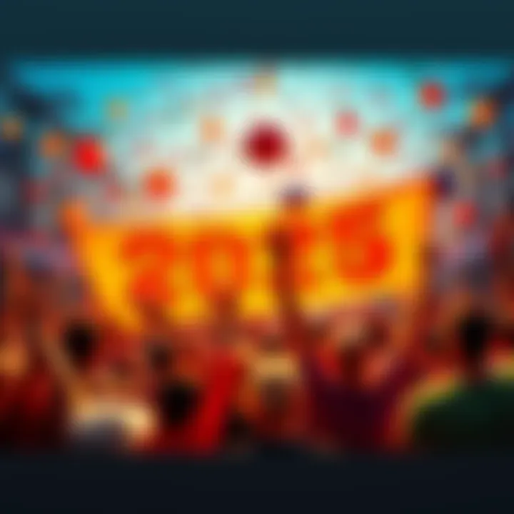 A vibrant community celebration with excited people holding banners about BallPosting's return in 2025, filled with joy and anticipation.