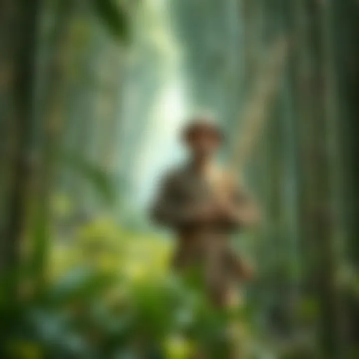 Bamboo Cutter in Forest A bamboo cutter standing in a lush green forest, holding a bamboo shoot with a serene expression.