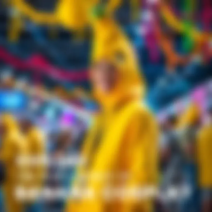 A person dressed in a bright yellow banana costume, smiling and posing at a cosplay event, surrounded by colorful decorations.