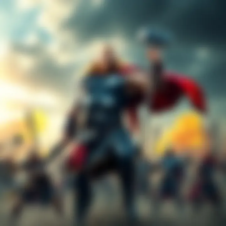 THOR as a giant barbarian surrounded by various class fighters, showcasing DADAM's role in the battle.