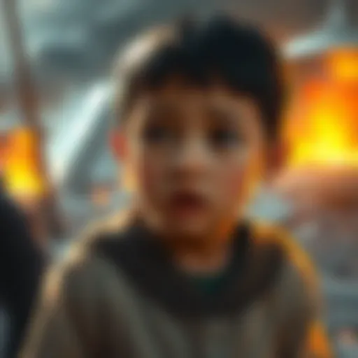 A young boy witnessing the destruction caused by war, portraying emotions of fear and resilience