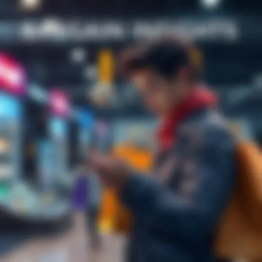 A person checking bargains on their phone with shopping bags nearby