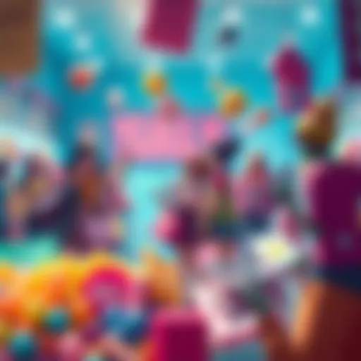 Colorful fanart depicting a vibrant bargain sale scene with creative characters shopping and celebrating discounts