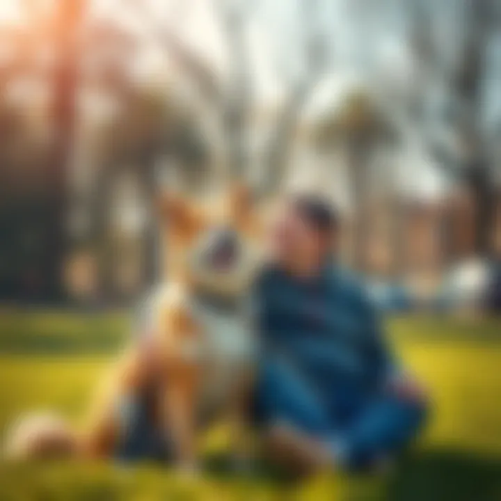 Barghest the Dog with Gareth A joyful Barghest dog sitting beside Gareth, showcasing their friendship in a sunny park.