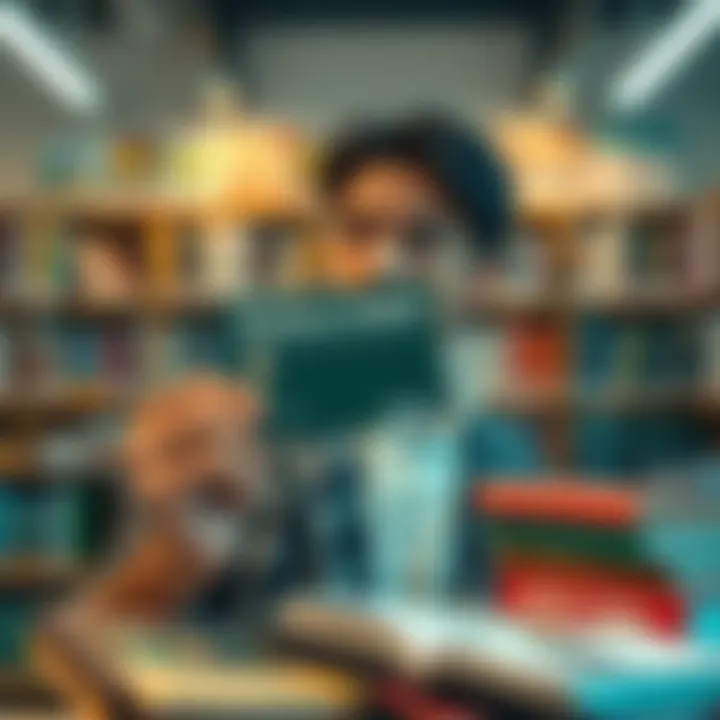 A person holding a Barnes & Noble card looking thoughtful, surrounded by books, symbolizing employee discounts and benefits after leaving the company.