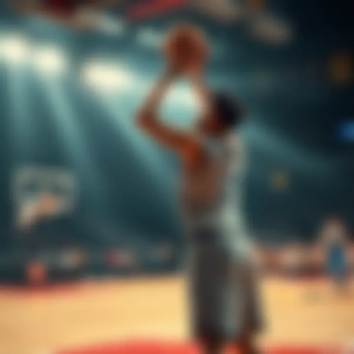 A basketball player executing a behind-the-back shot on the court, focused and determined.