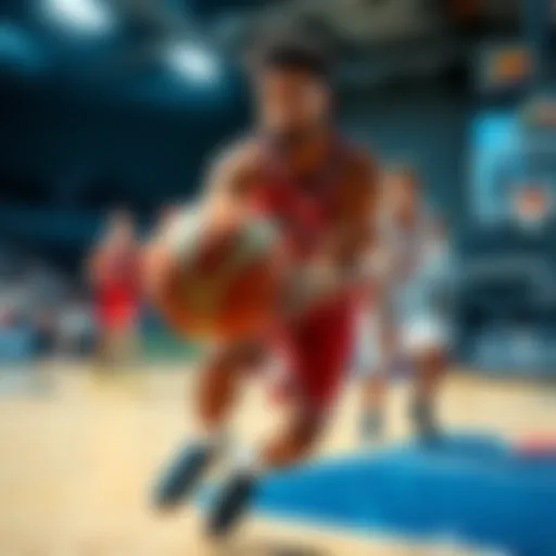 A basketball player takes the ball during a game while teammates look surprised