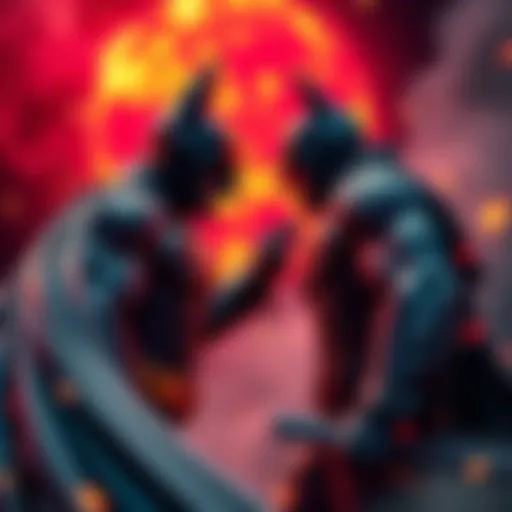 Batman in his iconic cape confronts Yujiro, showcasing their intense battle stance in a dramatic setting