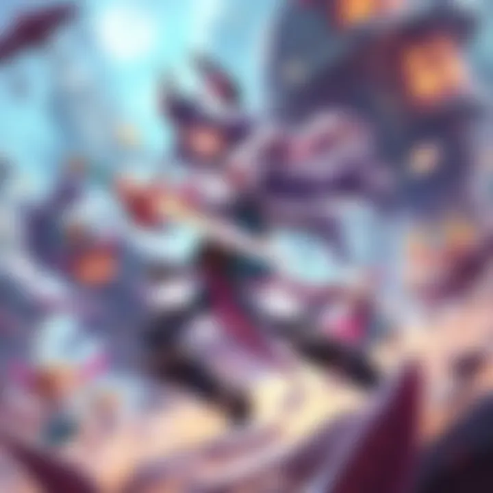 A dynamic scene featuring Battle Maid Baelz wielding a sword in a vibrant fantasy setting with colorful characters around her.