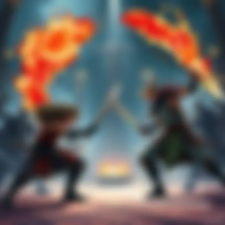 Illustration showing various warriors demonstrating their unique skills in a battle arena