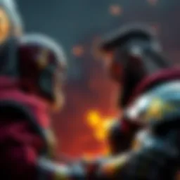 Two powerful characters face each other, exchanging intense words before their battle, with a dramatic background highlighting their tension.