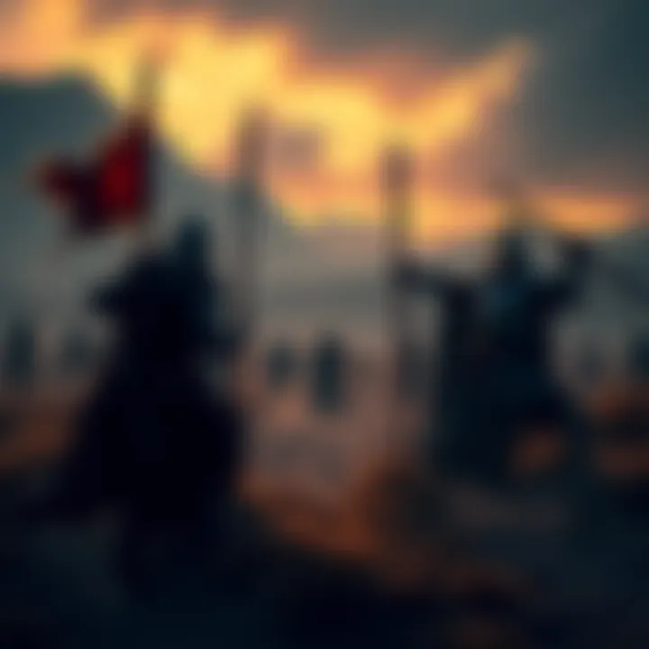 A scene depicting the Davy Clan in combat against the Holy Knights in a dramatic battle setting at God Valley, with tension in the air and shadows of figures looming in the backdrop.