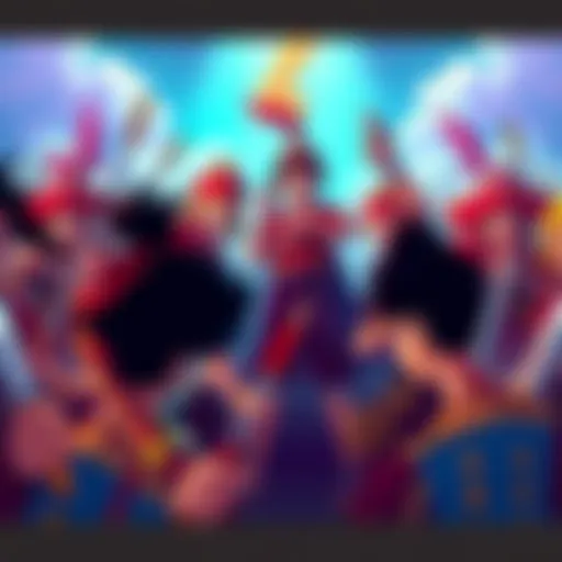 A colorful scene showing Nika's comedic army preparing for battle against Luffy and Blackbeard in an intense showdown, with contrasting expressions of humor and seriousness.