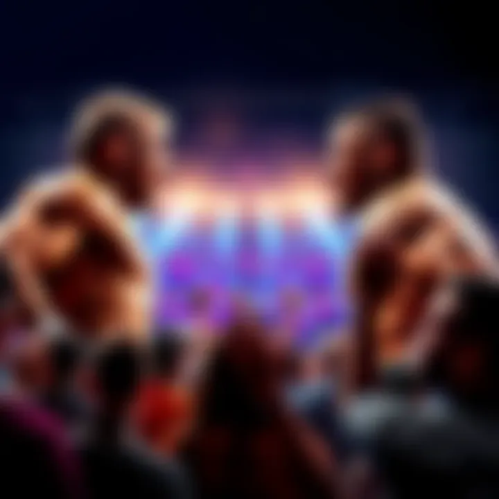 Two top contenders face off in an intense battle royal setting, surrounded by an audience of excited fans.