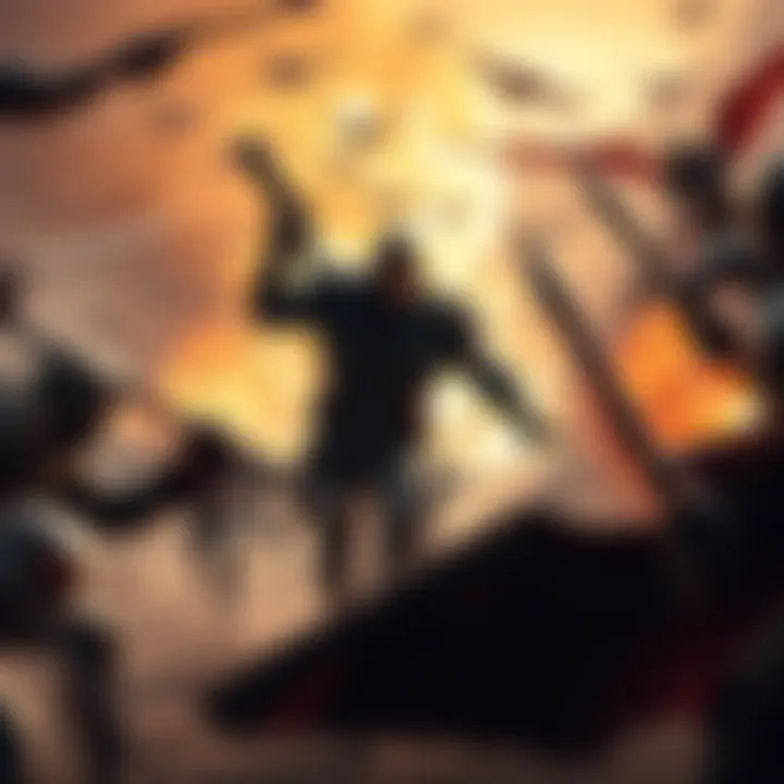 A dramatic battle scene where Endeavor is surrounded by enemies, showcasing his strength and the attention he draws in combat.
