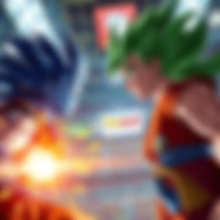 Blu Gohan and Green Revive Gohan face off in a tense battle, surrounded by a vibrant arena setting.