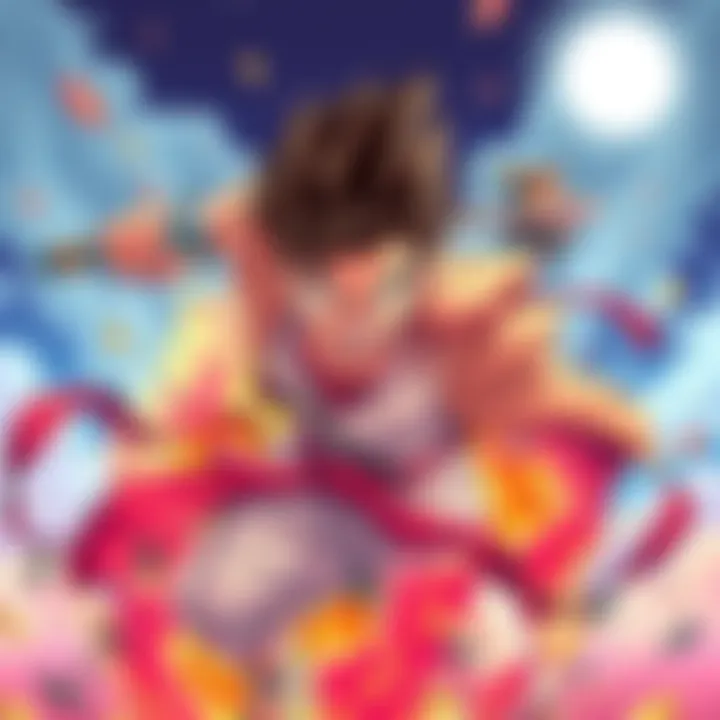 Illustration of key elements in battle shonen, featuring a dynamic character in action, colorful backgrounds, and symbols of character development, pacing, and themes.