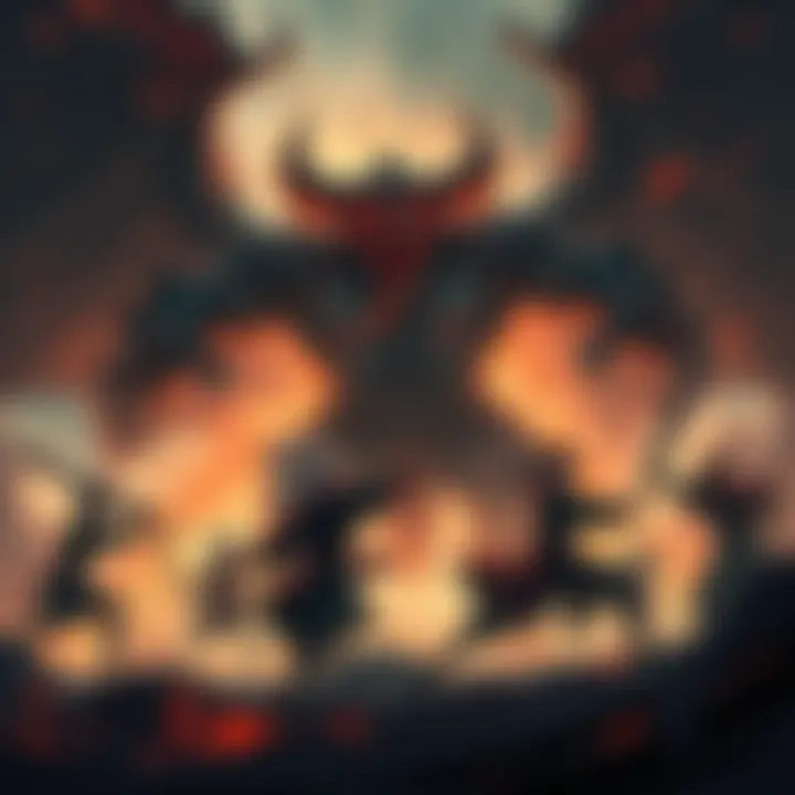 A team of characters battling a large, menacing Demon King, focusing on avoiding his powerful attacks while coordinating their moves.