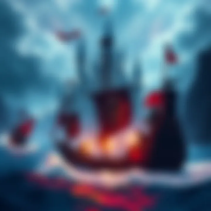 BB pirates sailing toward the Drum Kingdom, looking for treasure and power, with the castle in the background.