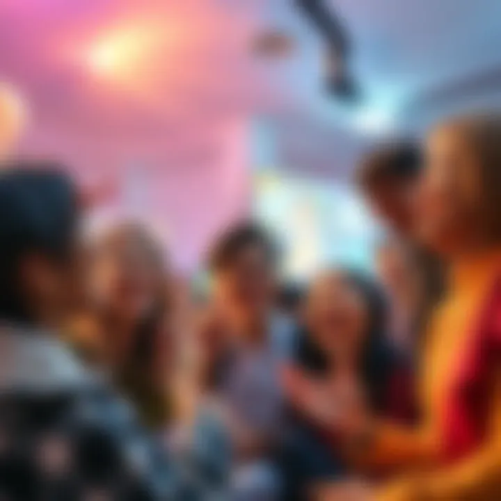 A group of diverse players celebrating together during the BBS Anniversary event, sharing laughter and excitement while engaging with each other's questions.