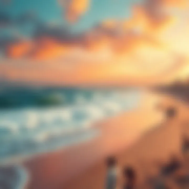 A vibrant artwork depicting beach life, featuring colorful waves, sandy shores, and joyful beachgoers