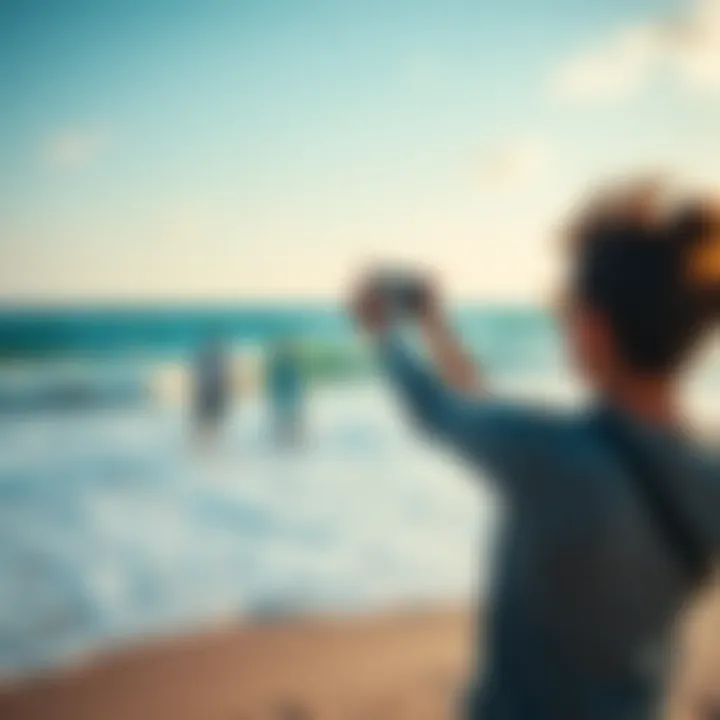 A person poses on the beach with the ocean in the background, capturing a fun photo with friends