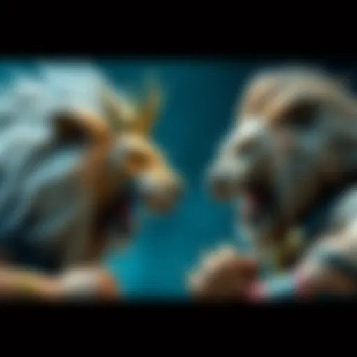 A fierce battle scene showing Beast King and Battle Beast, two lion fighters, preparing to clash with intense expressions.