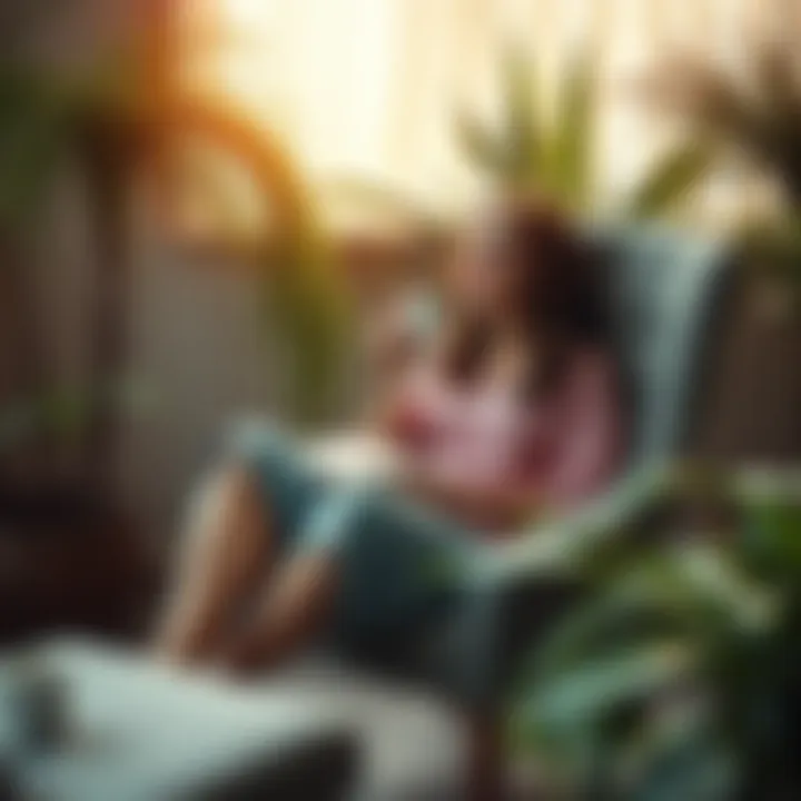 Becca sits comfortably on a cozy chair, sipping tea while surrounded by plants and soft sunlight, embracing her moment of relaxation.