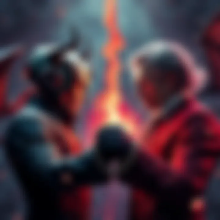 A dramatic scene showing Beelzebub and Tesla facing off in an intense literary battle, highlighting their strengths and writing quality.