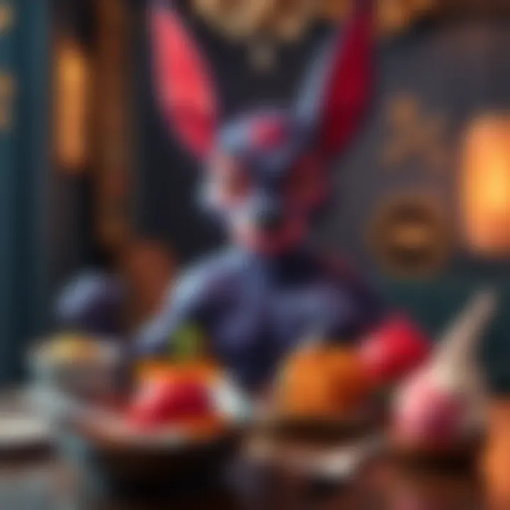 Beerus hungry for a meal Beerus, a character with unique features, looks demanding while eyeing a table filled with Korean BBQ and gelato, hinting at his appetite for a delicious meal.