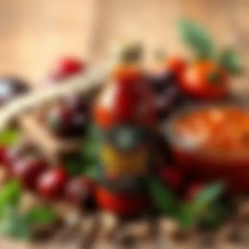 A bottle of Beerus sauce with a rich color, surrounded by fresh ingredients like herbs and spices, highlighting its unique flavor profile.