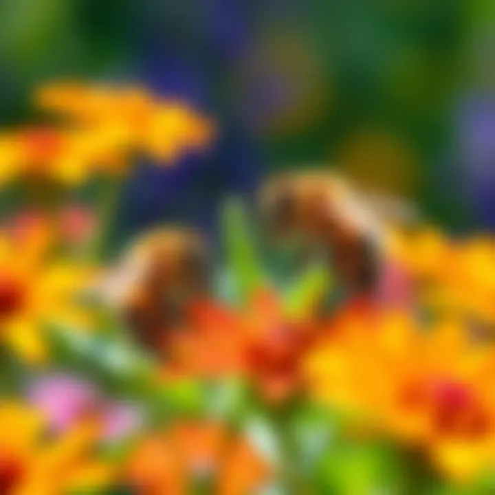 A close-up of bees collecting nectar from colorful flowers in a garden