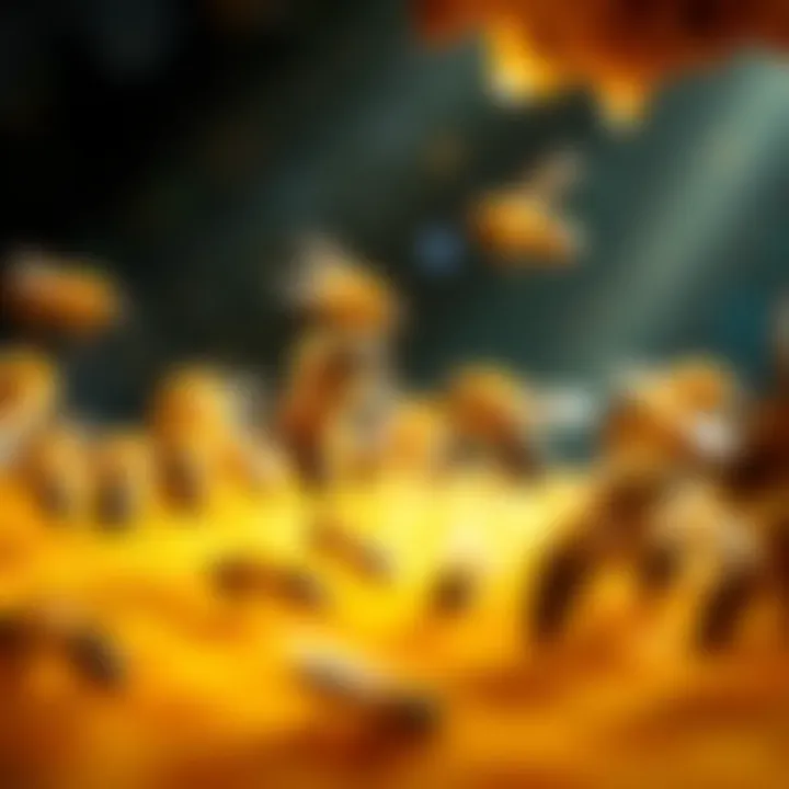 A group of bees performing a dance in a hive, illustrating their communication and stinging behavior.